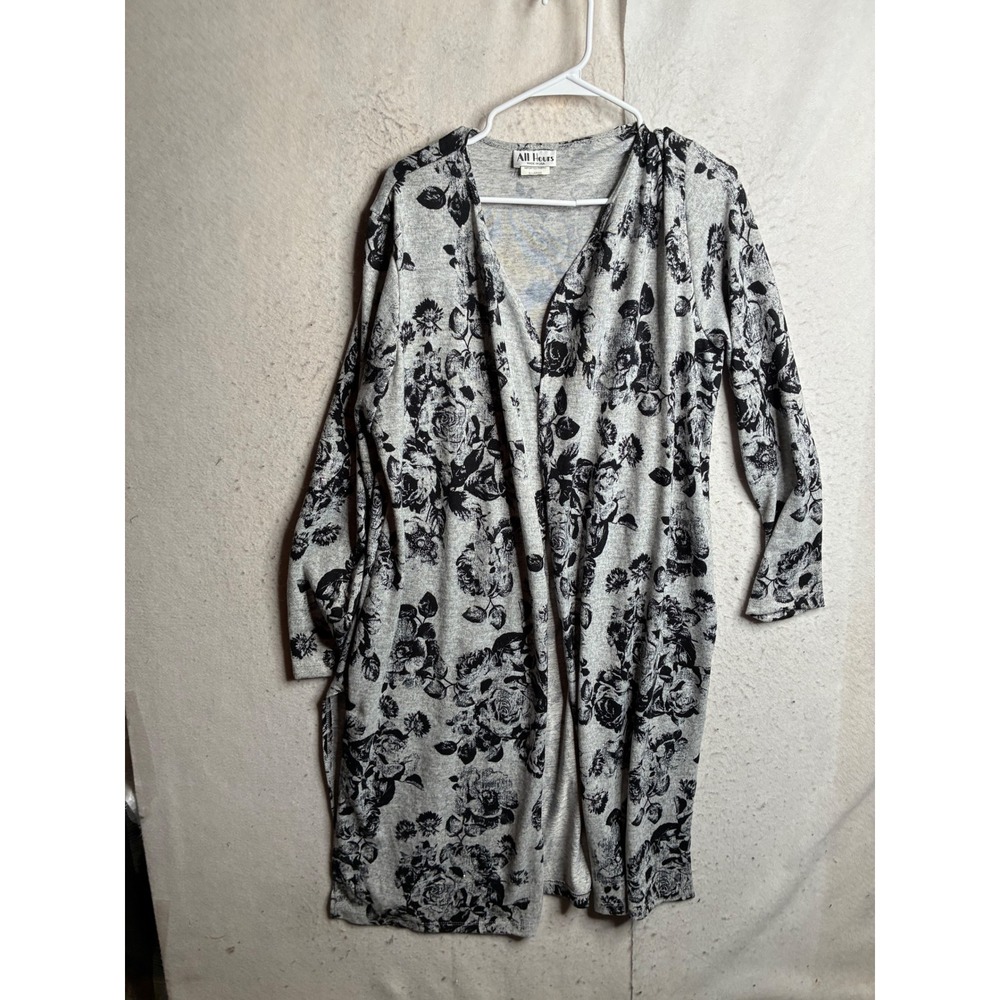 All Hours Womens XL Gray Black Floral Open Front Duster Cardigan 889-869 USA